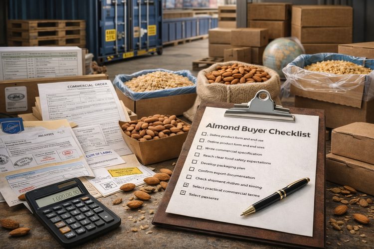 Illustrated placeholder for article titled California Almond Buyer Checklist for Industrial and Export Orders