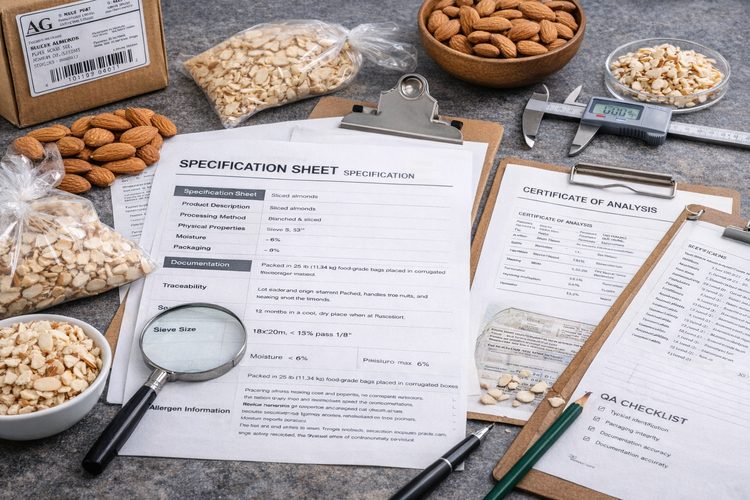 Illustrated placeholder for article titled Specification Sheets, Label Claims and QA Points for Almond Buyers